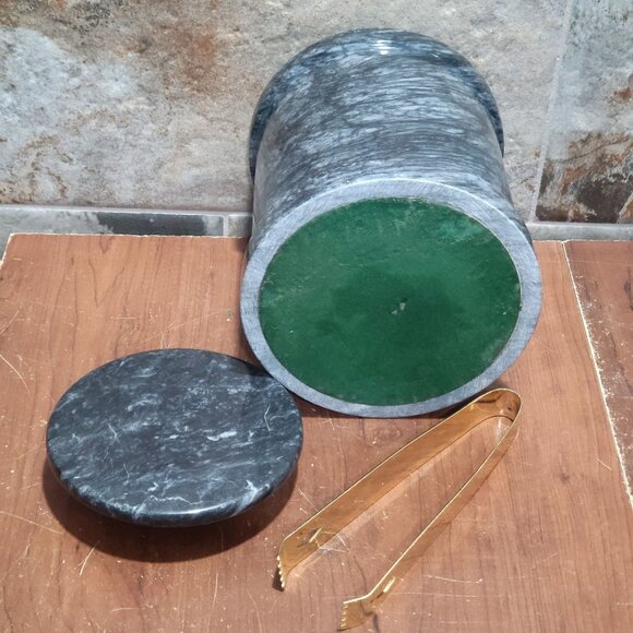 Vintage Dark Grey Heavy Marble Ice Bucket Matching Lid Pair Gold Toned Metal To - Picture 5 of 10